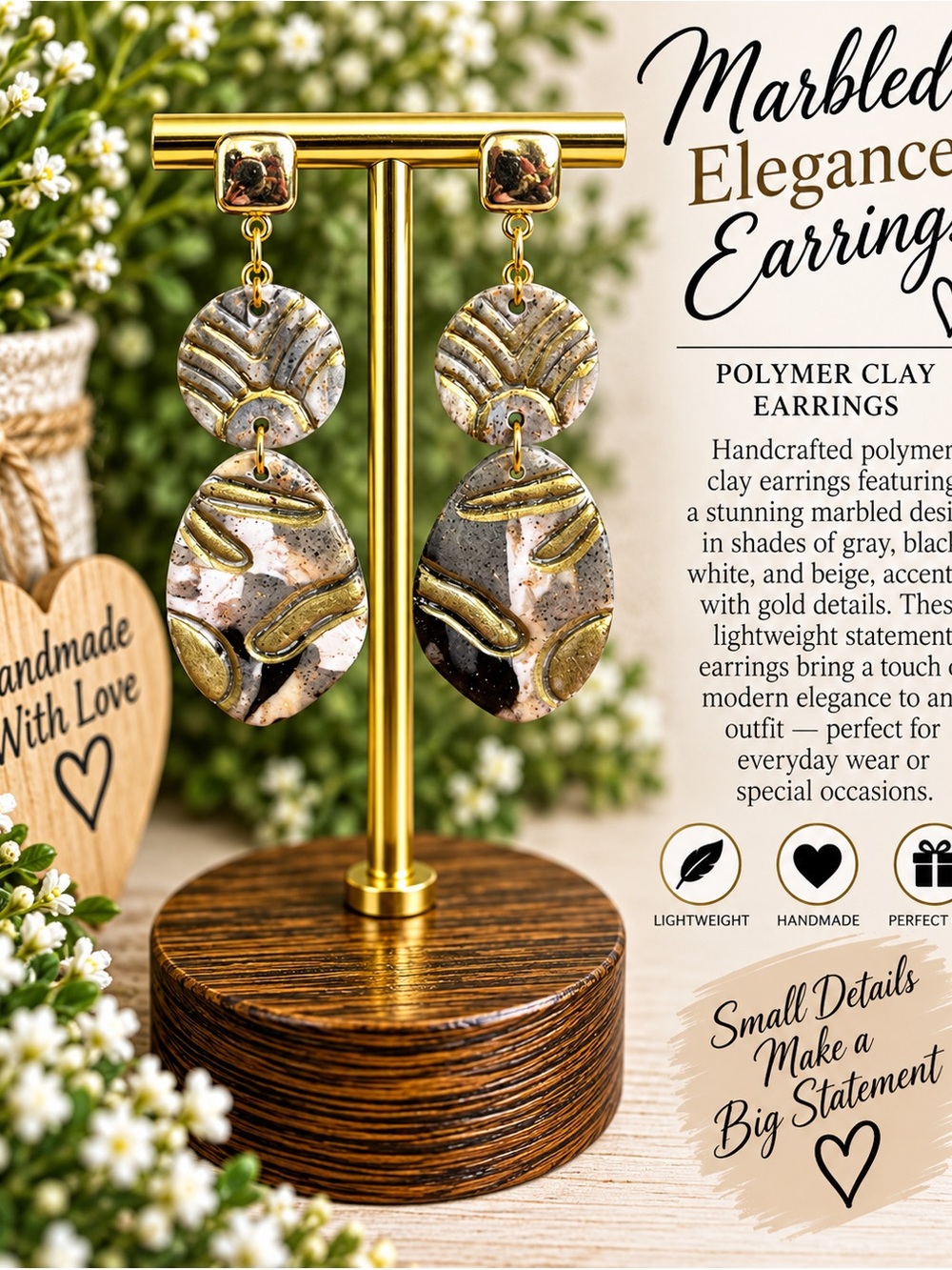 Marbled Gray & Gold Dangle Polymer Clay Earrings - Handmade
